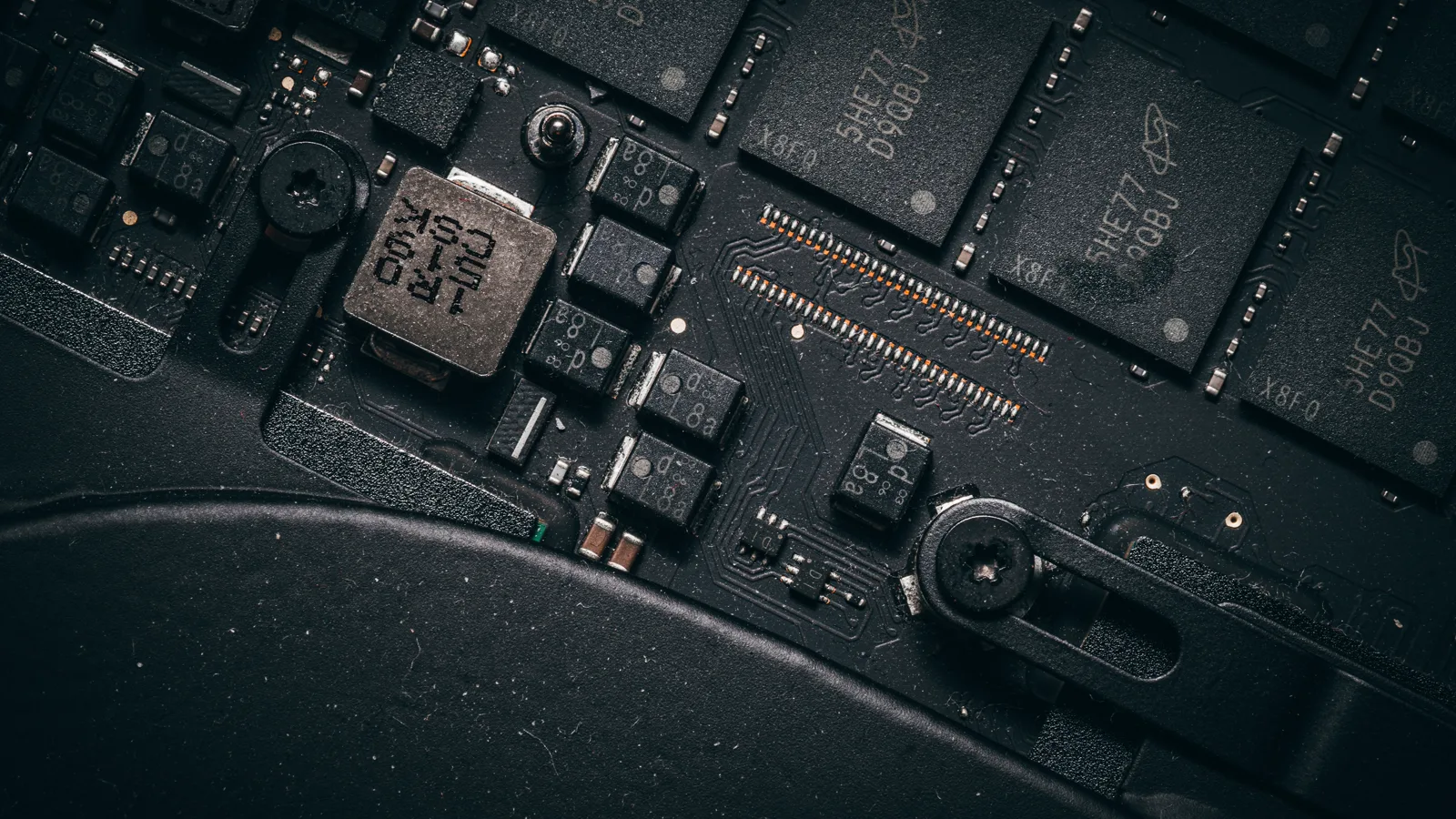 Macro view of chips and traces on a circuit board