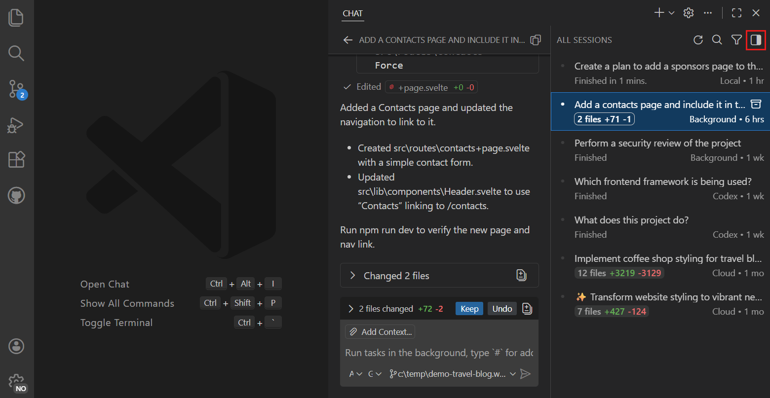 VS Code Chat view with the sessions list, conversation and chat input